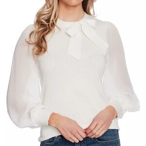CeCe Women's Bow Neck Mixed Media Sheer Long Sleeve Sweater